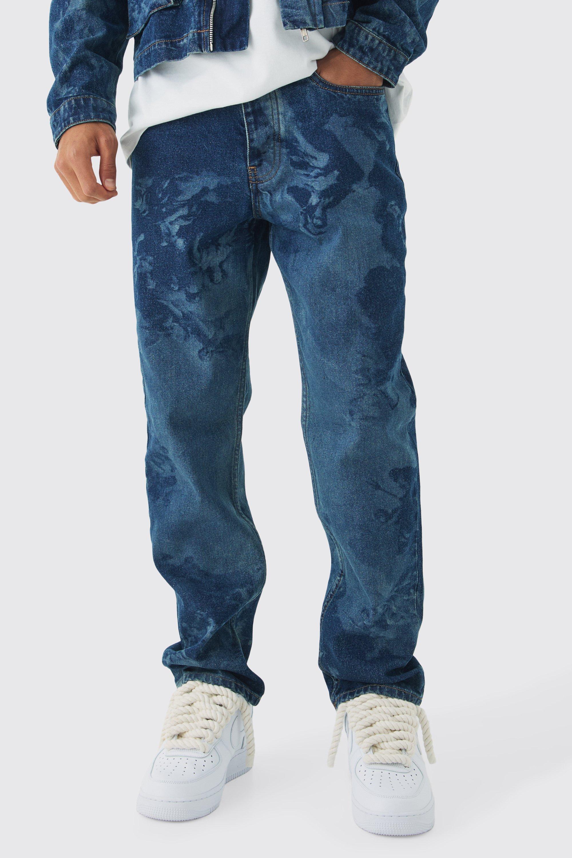 Mens Blue Slim Fit Renaissance Laser Print Denim Jeans, Blue